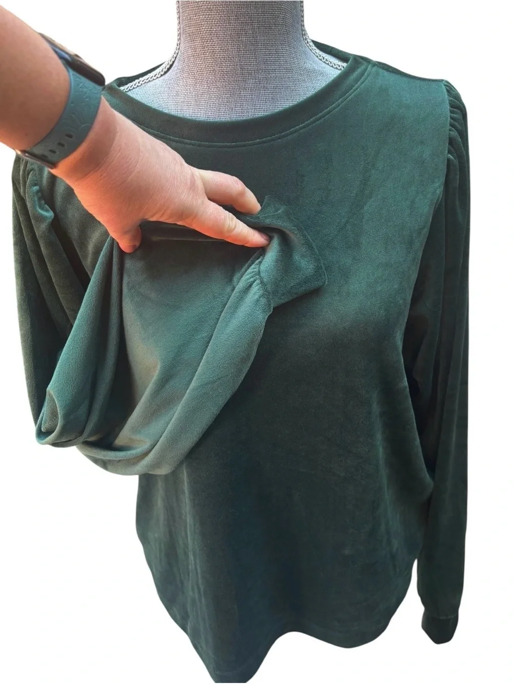 LOFT Green Velour Puff Sleeve Blouse Dark Emerald Holiday Velvet L Whimsygoth